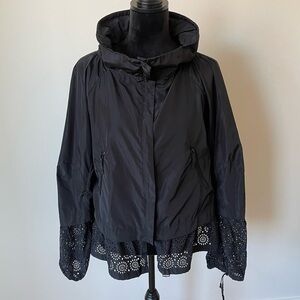 Ciao Milano Black Laser Cut Trim Packable Hood Polyester Zip Front Coat EUC Sz S